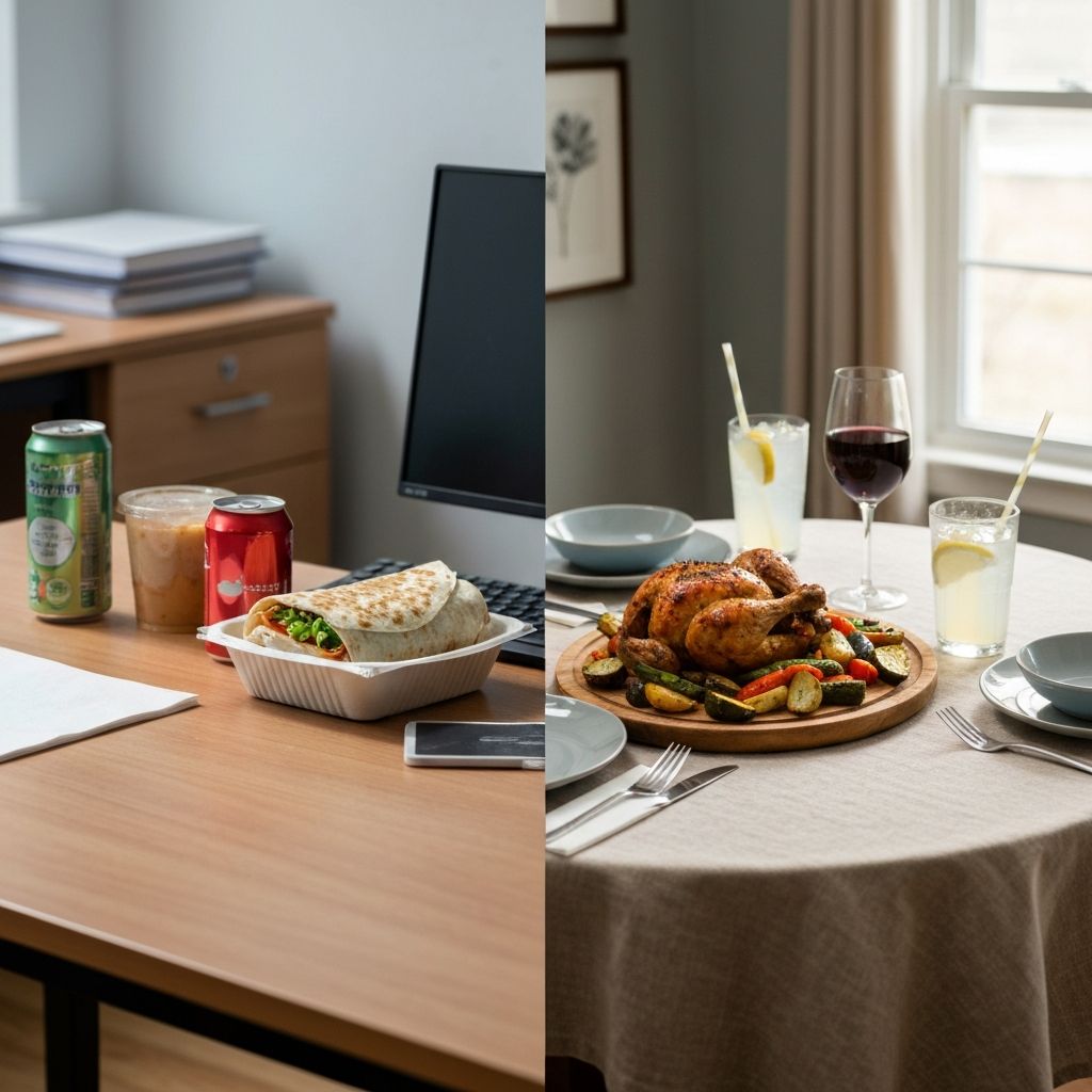 Contrast of weekday quick lunch and weekend leisurely meal