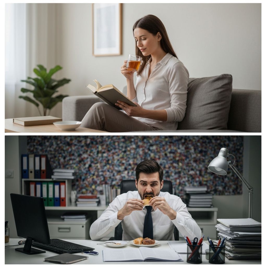 Person eating in calm versus busy stressed scenarios